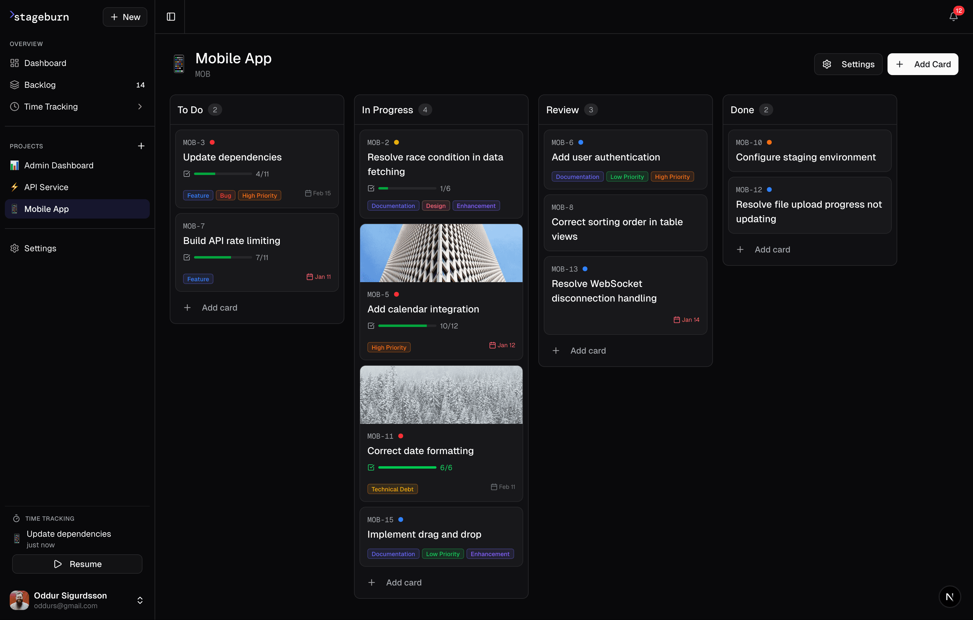 stageburn board view showing a Kanban board with cards organized in To Do, In Progress, Review, and Done columns